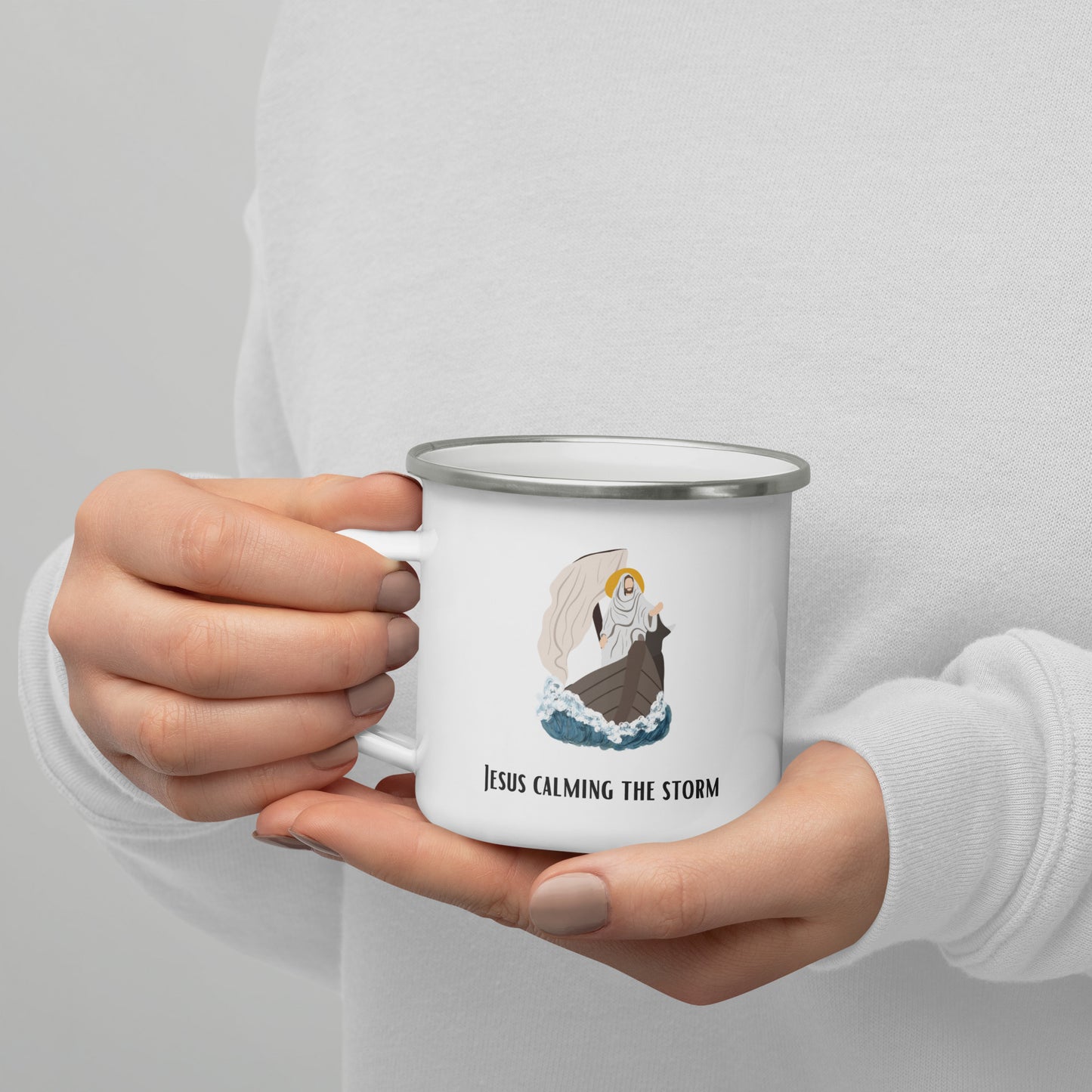 Emaille-Tasse für Kinder – "Jesus stillt den Sturm" | Biblisches Motiv | 12oz/350ml