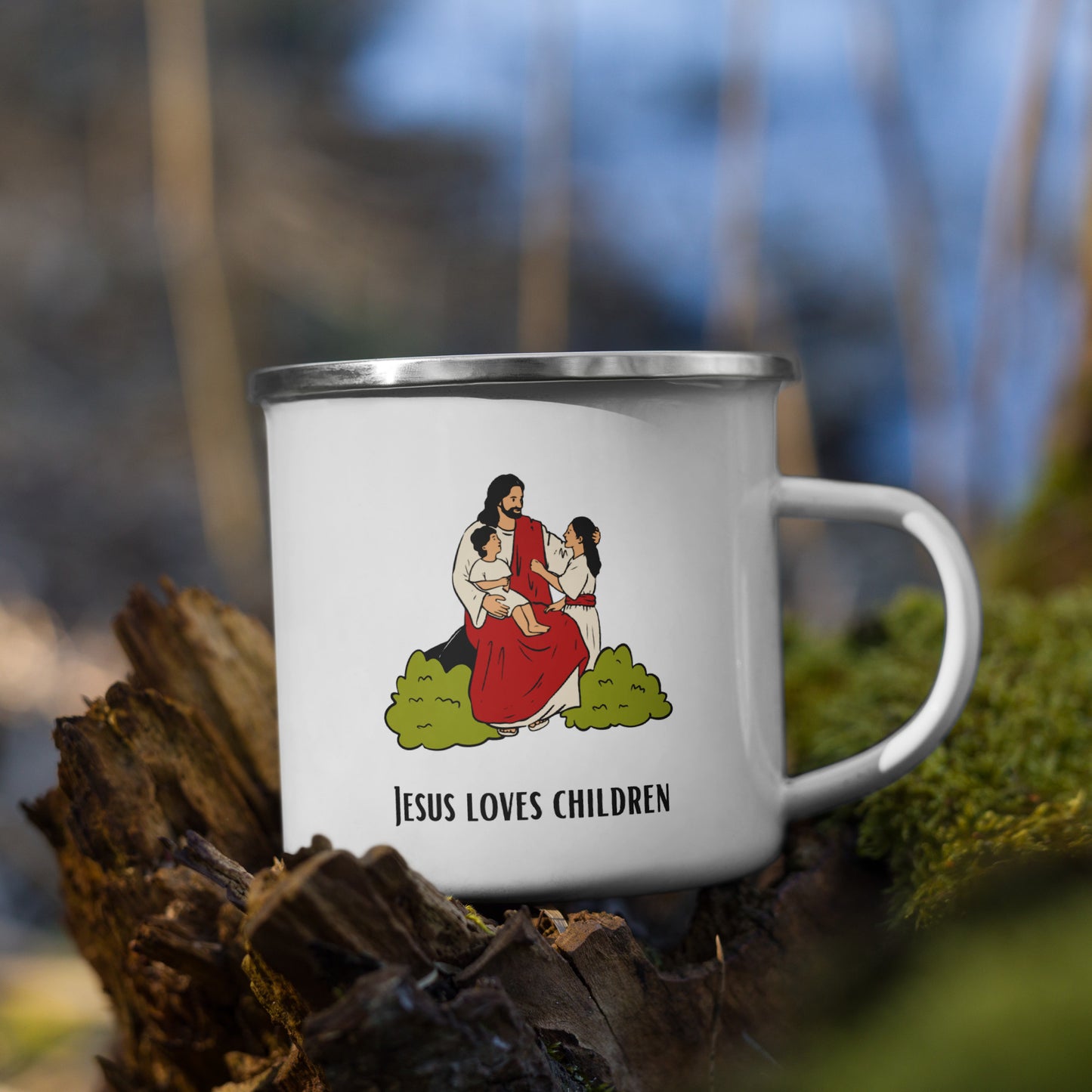 Emaille-Tasse für Kinder – "Jesus liebt Kinder" | Biblisches Motiv | 12oz/350ml