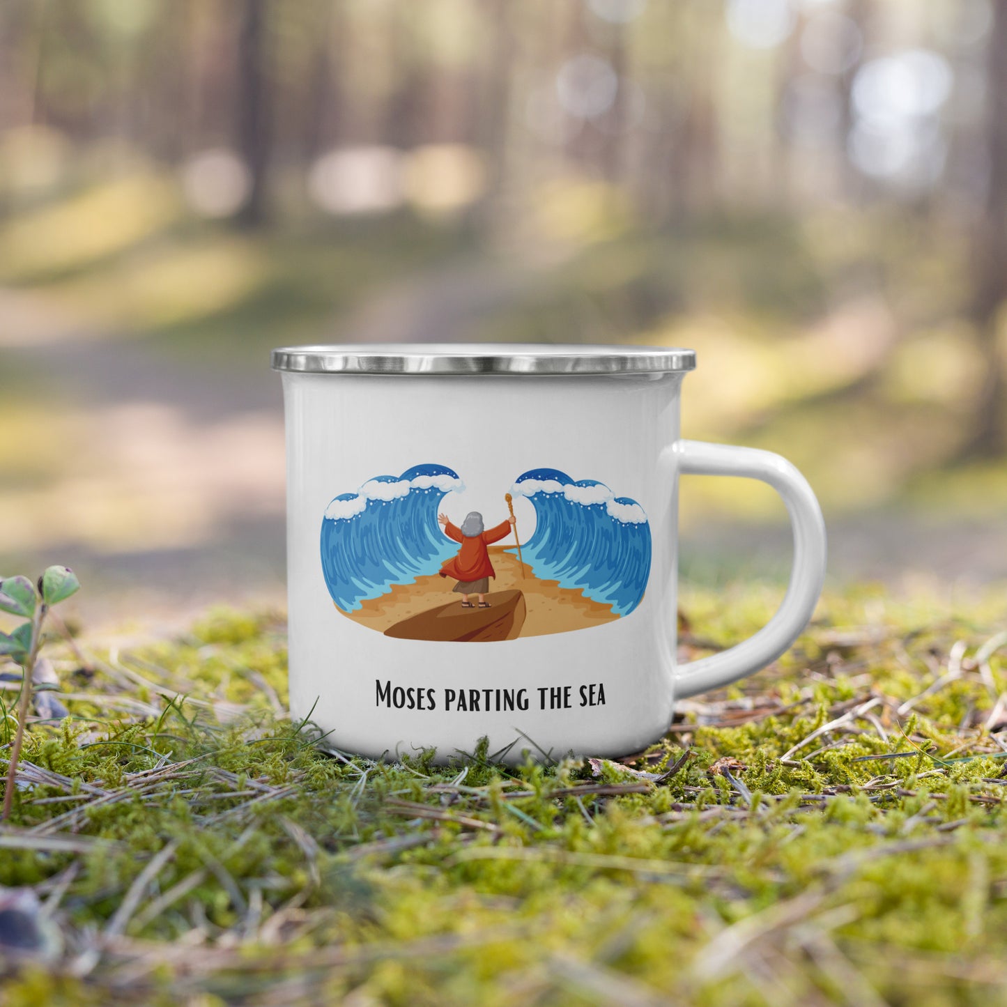 Tasse en émail pour enfants – « Moïse séparant la mer » | Motif biblique | 12 onces/350 ml