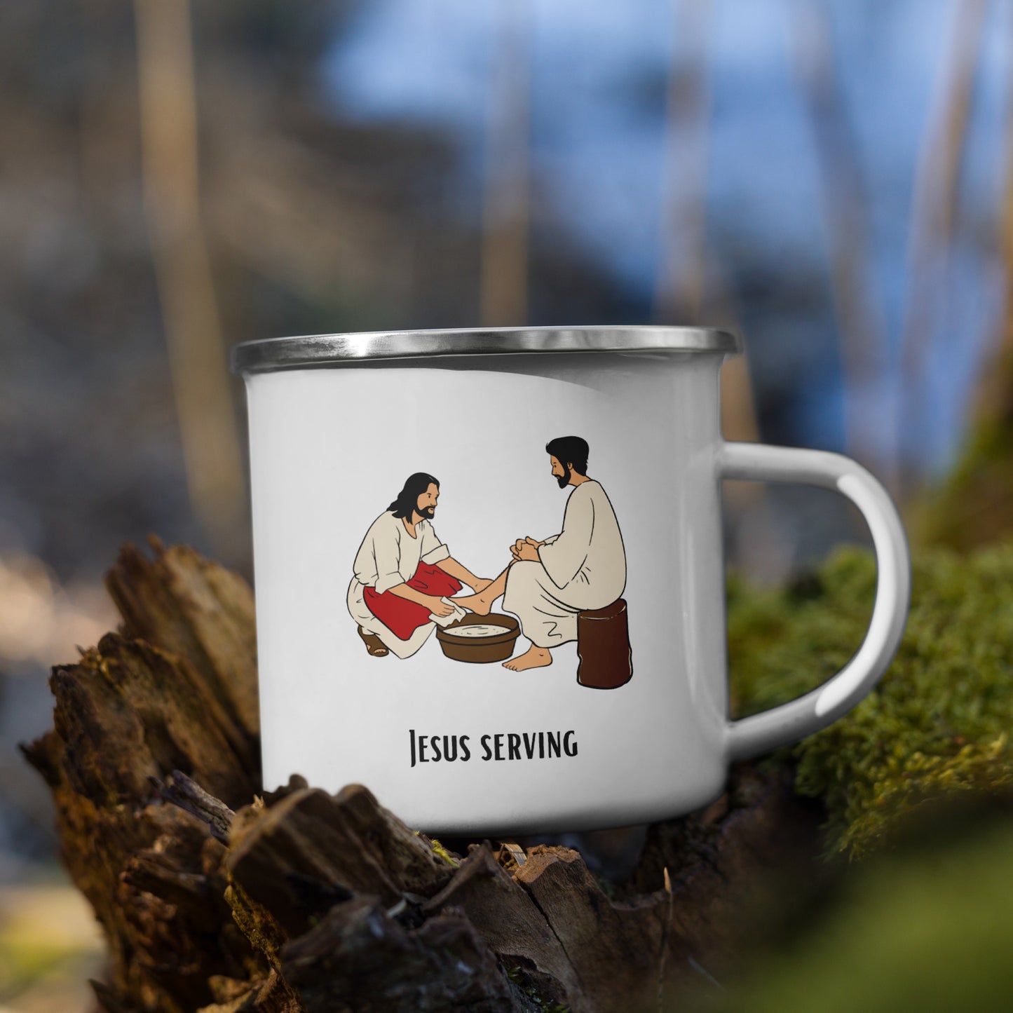 Emaille-Tasse für Kinder – Jesus wäscht Jüngern die Füße | Biblische Motive | 12oz/350ml