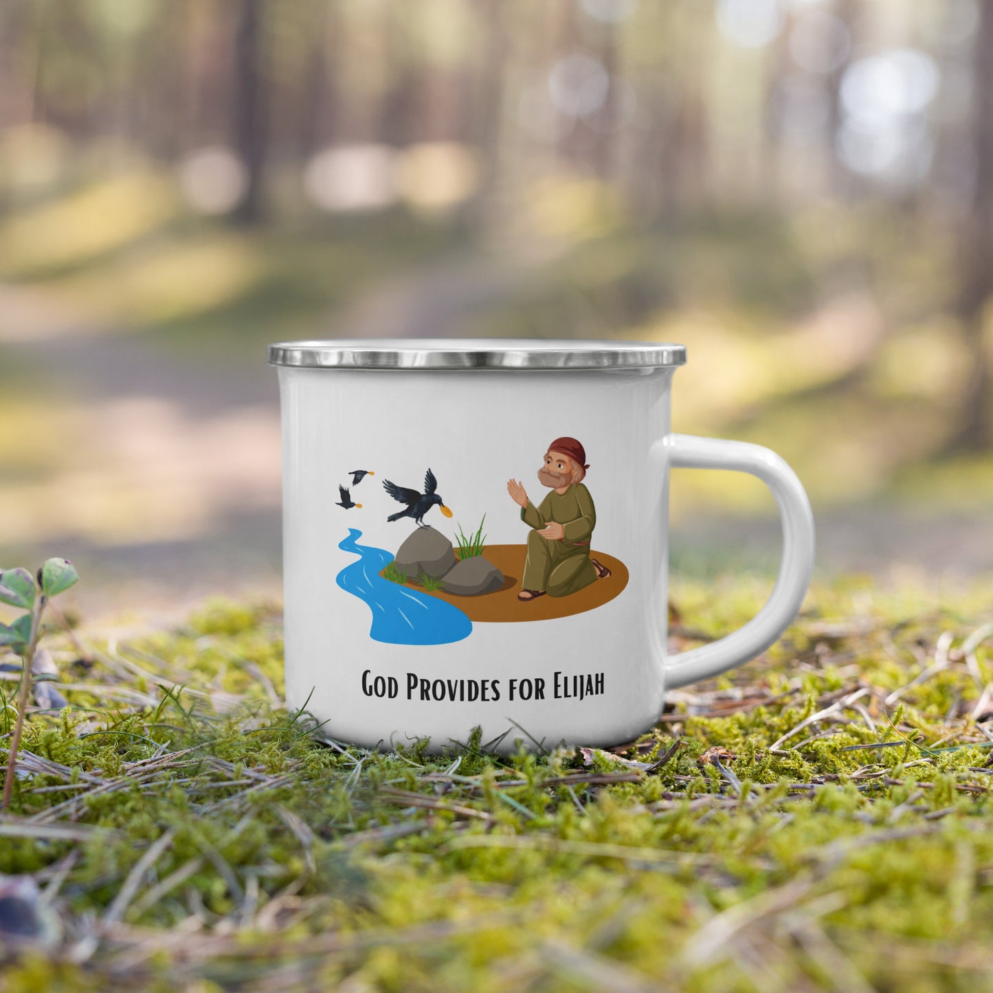 Emaille-Tasse für Kinder – Gott versorgt Elia durch Raben | Biblisches Motiv | 12oz/350ml