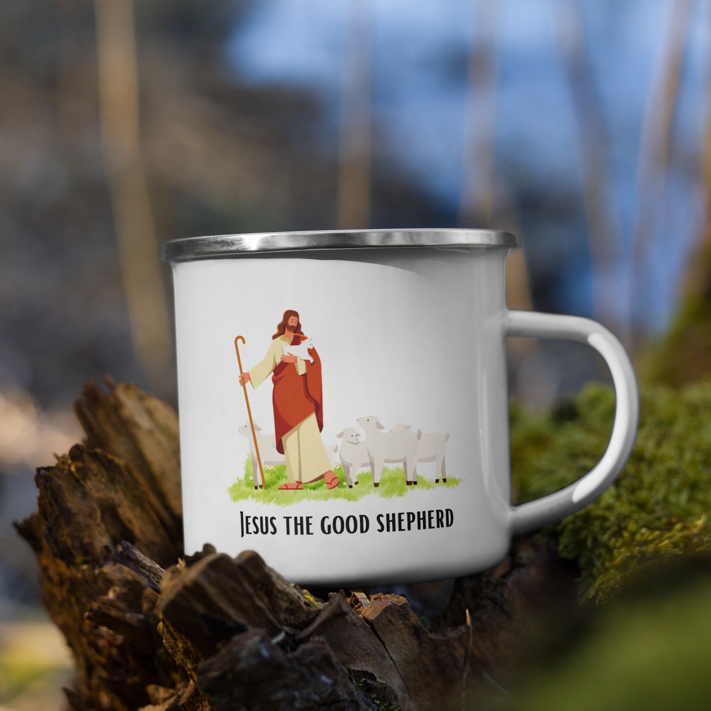 Emaille-Tasse für Kinder – "Jesus der Gute Hirte" | Biblisches Motiv | 12oz/350ml